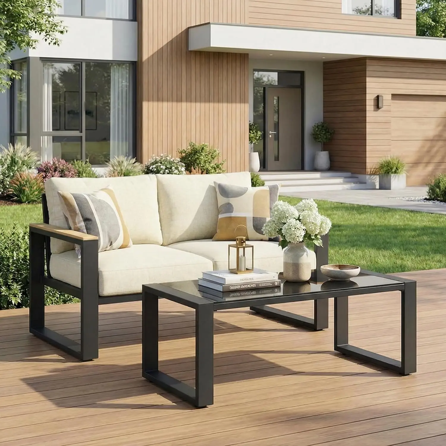 

Алюминиевый комплект уличной мебели для патио с регулируемыми по высоте подставками для ног, 2-местный всепогодный диван для патио с кофейным столиком