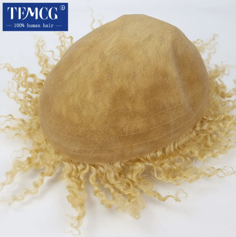 Men's Wig Afro Curly Full Lace Male Hair Prosthesis 100% Human Hair Male Wig Protesis Capilar Hombre Blonde 613 Hair Systems
