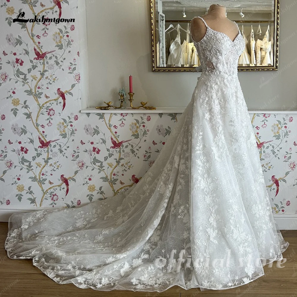 Lakshmigown Perlen Spitze Boho Strand Hochzeitskleider 2027 Vestidos Lange Brautkleider V-Ausschnitt Spaghettiträger Maßanfertigung – Detail 5