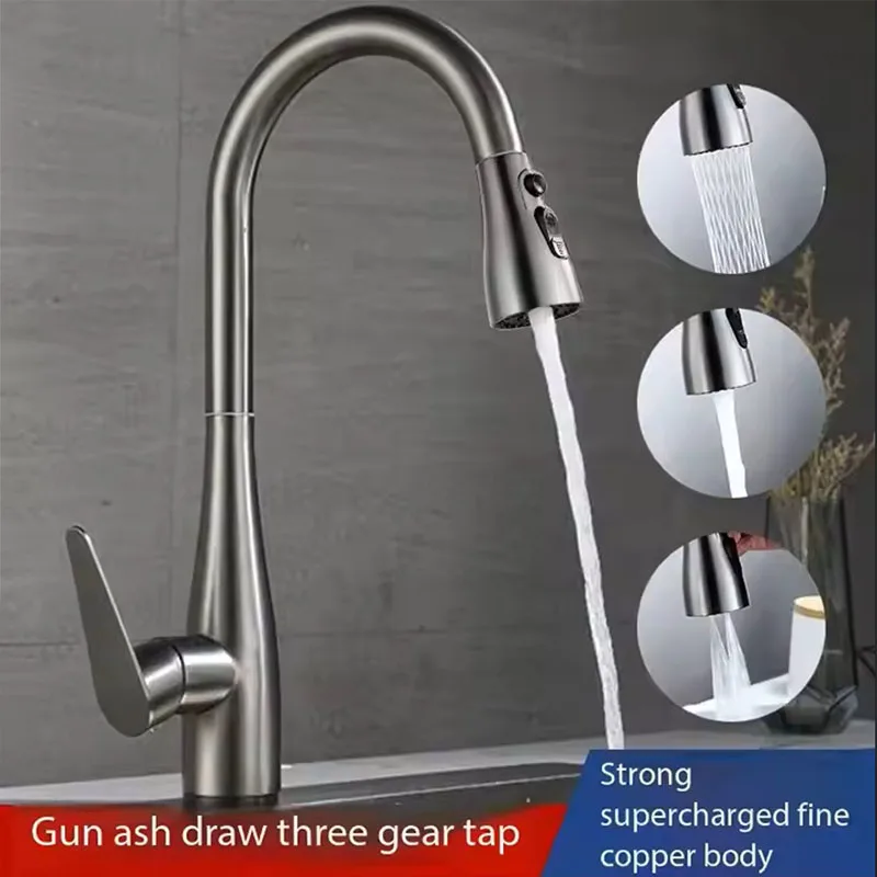 

Pull-out Kitchen Water Faucet Single Hole Faucet Kitchen Thickened Brass Black Kitchen Sink