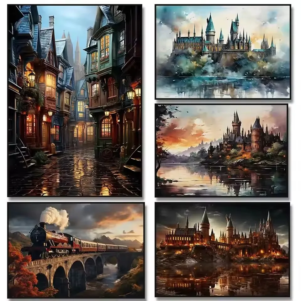 Schloss Zug Schule Kunst 5D DIY Mosaik Diamantmalerei Fantasie Magie Zauberer Eule Buch Wanddekoration Geschenk