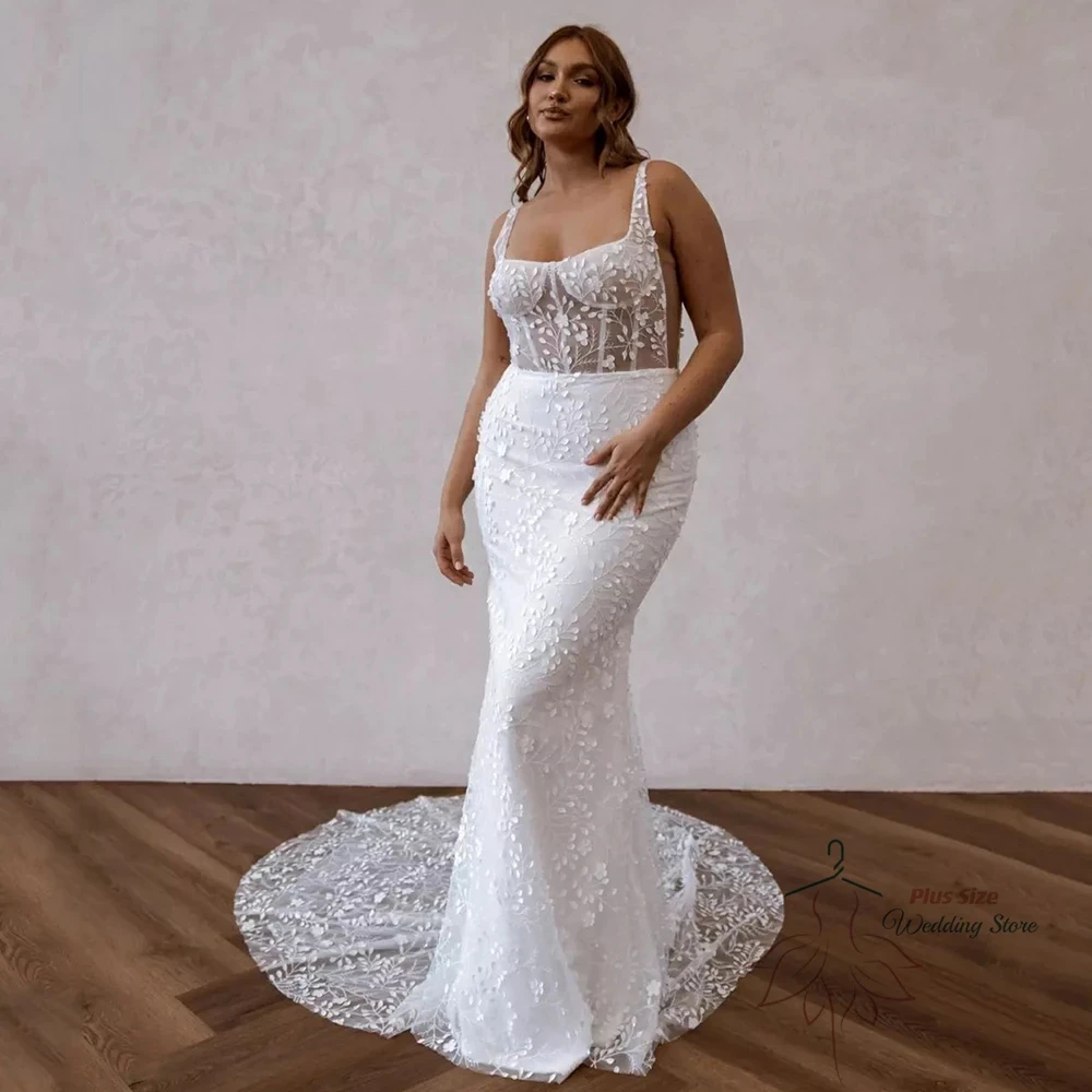 

Spaghetti Straps Wedding Dresses Sleeveless Mermaid Soft Tulle Bride Gown with Lace A-Line Ivory Exquisite Vestidos De Novia New