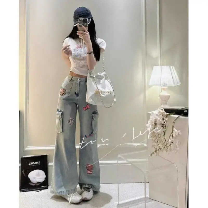 Sanrio novo bonito jeans olá kitty jeans estilo americano retro graffiti solto olhar mais fino estudante calças retas menina