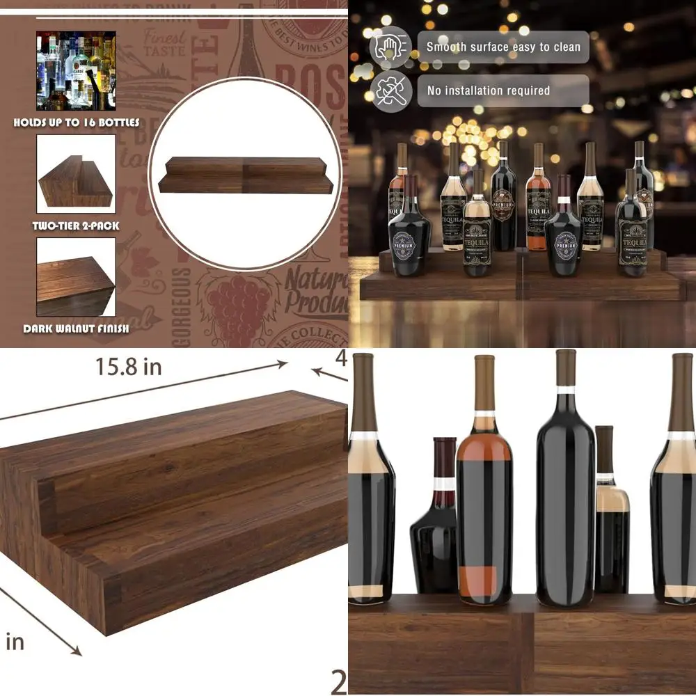

Double-Tier Wooden Liquor Bottle Display Stand, Holds 16 Bottles, Easy Clean, No Assembly, 15.8 Dark Walnut