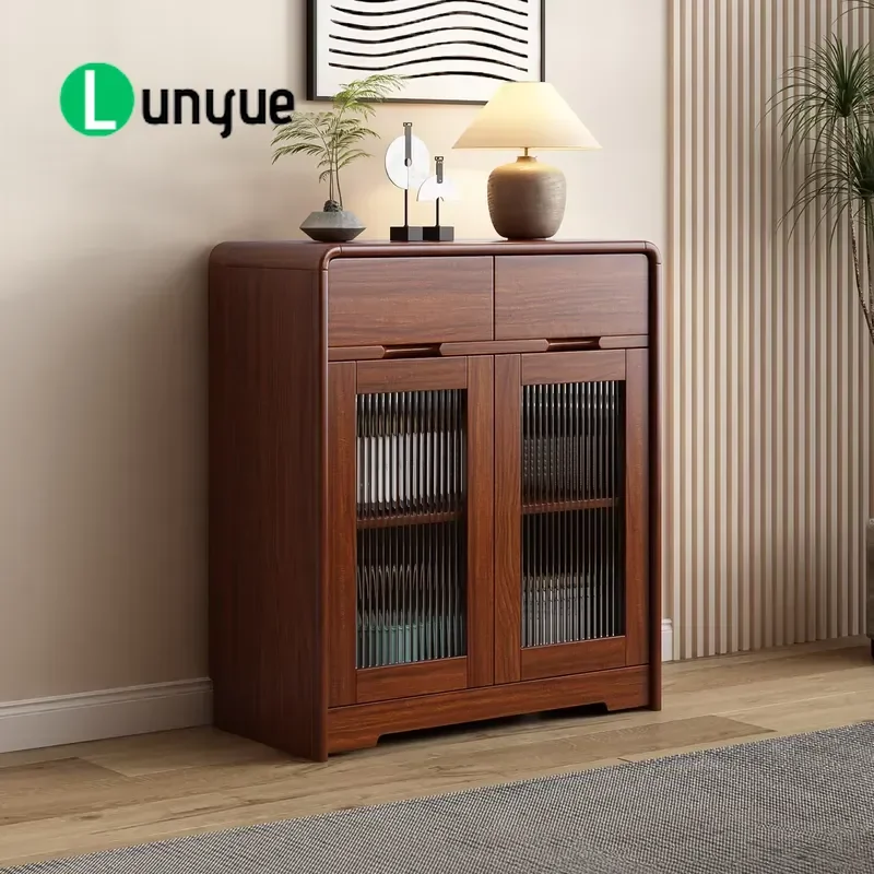 159cm Extra Wide Solid Wood Side Cabinet with Grooved Glass Door Adjustable Shelves Modern Dining Living Room Storage