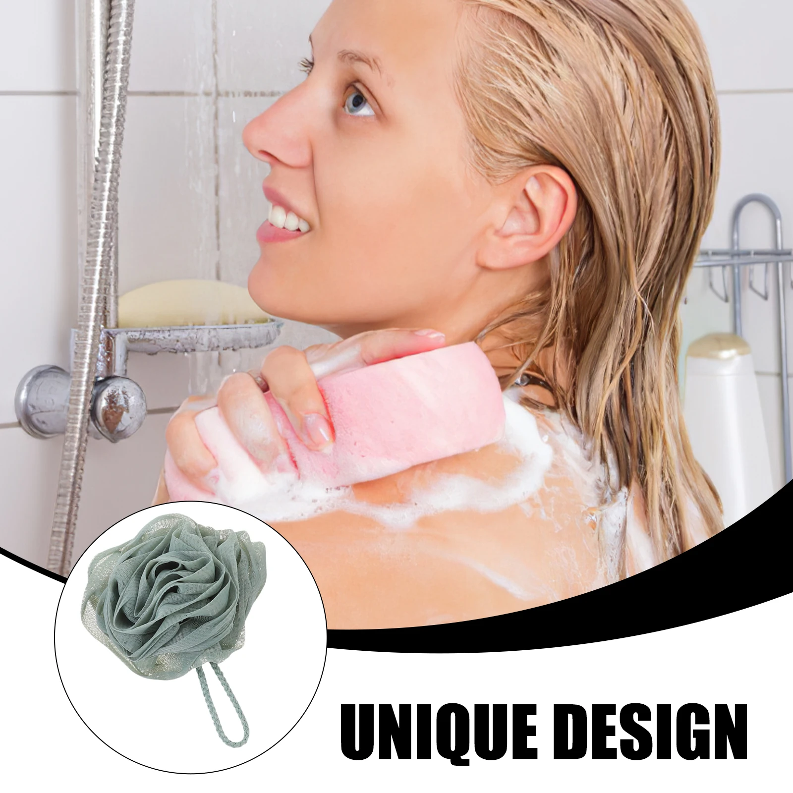

6pcs Rose Shaped Bath Balls Gray Green Khaki Each Soft PE Material Body Scrubber Shower Accessories Women Bath Foam Loofah