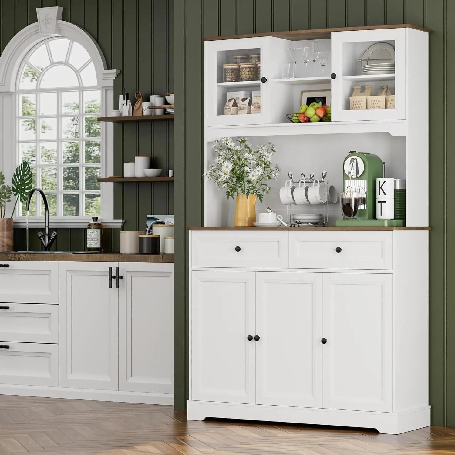 

Kitchen Pantry Storage Cabinet, Freestanding Hutch Cabinet with Buffet Cupboard, Utility Pantry with Microwave Stand