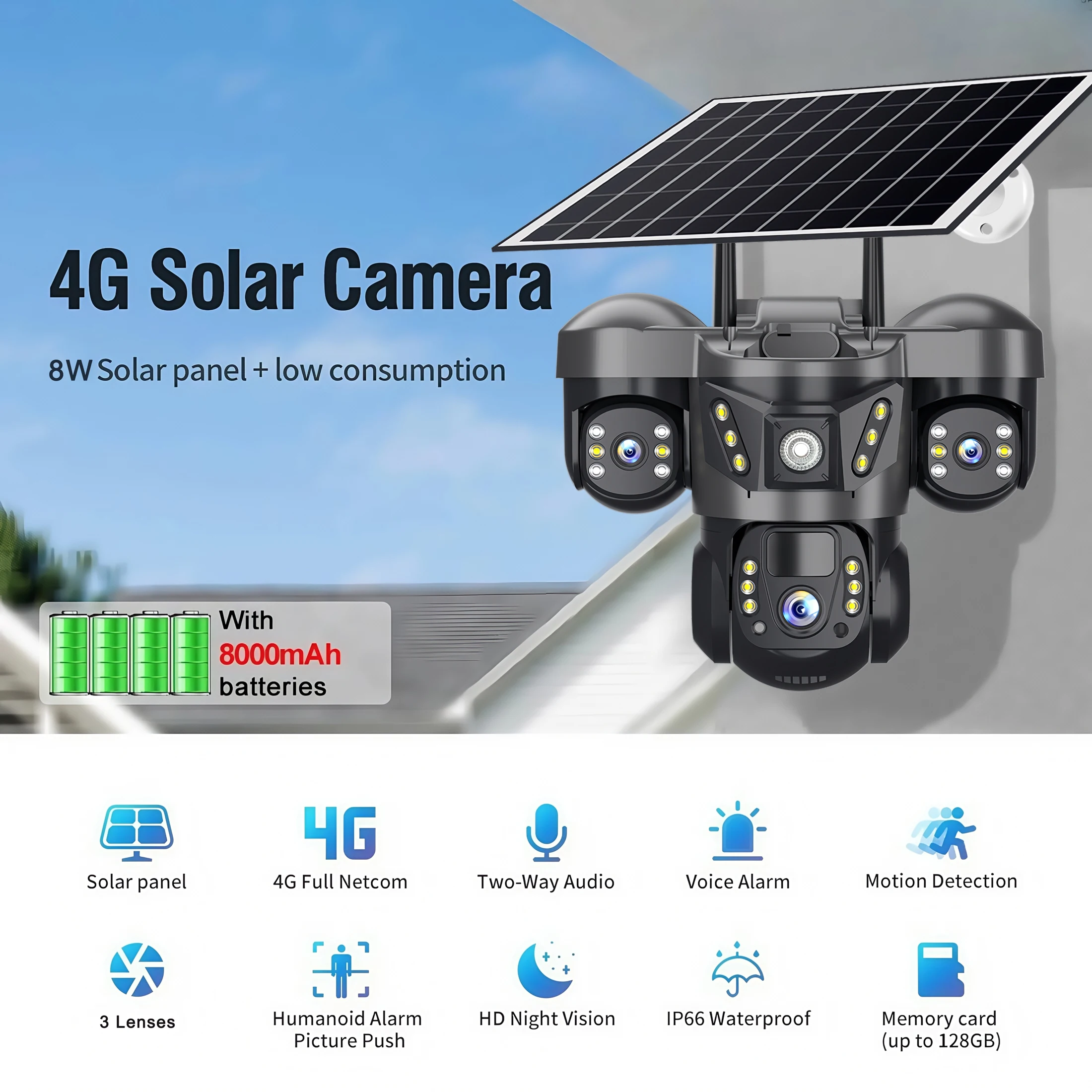 V380 Pro 15MP Solar Camera Three Lens Audio Outdoor IP66 Waterproof Built-in Battery Security CCTV HD 4G SIM Card Network Camera