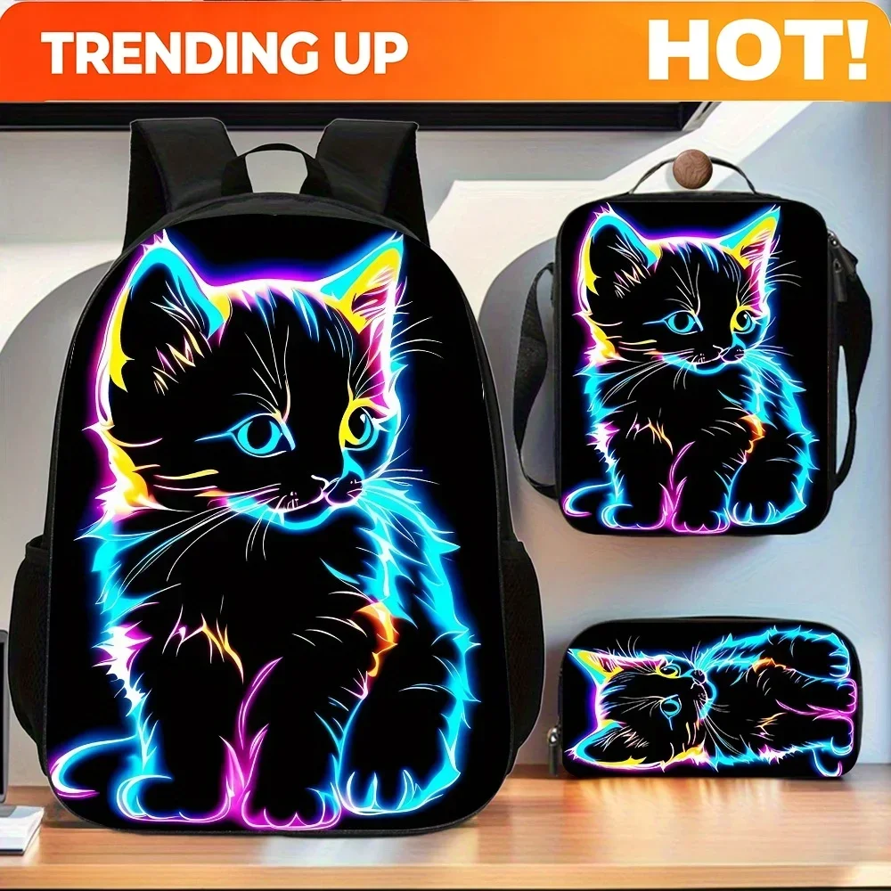 Custom Bag 3pcs Rockstar Cat Trendy Backpack Set, Includes Large Capacity Book Bag & Handbag & Pen Case, Perfect School Bag Set