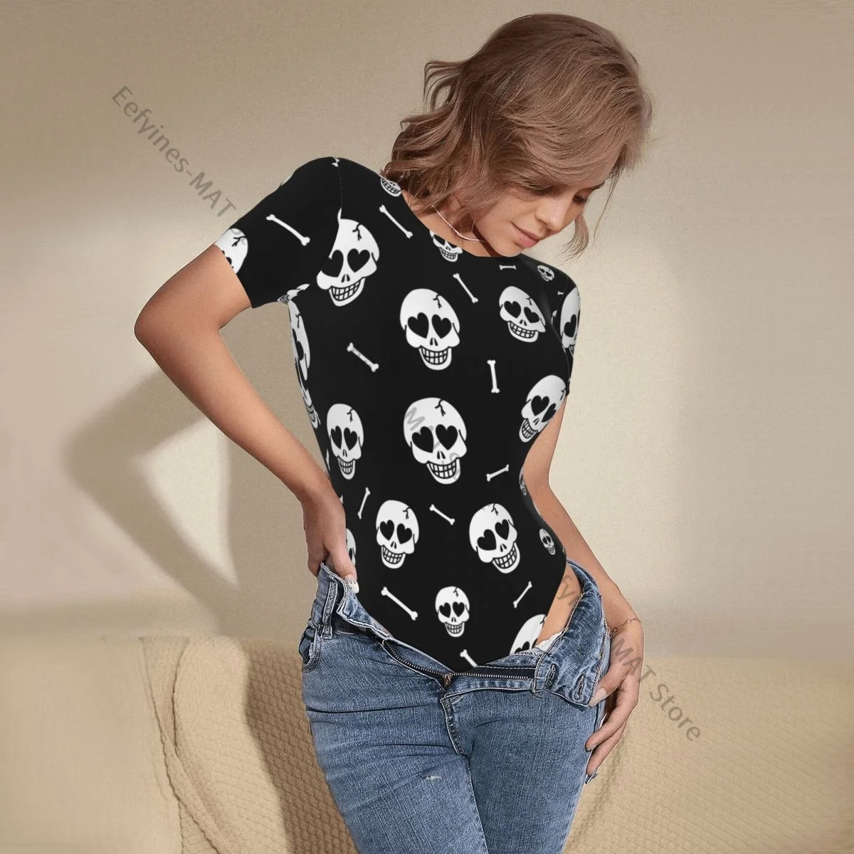 Women Bodysuit Shorts Romper Open Snap Crotch Hearts And Skulls Sexy Jumpsuit Adult Onesies