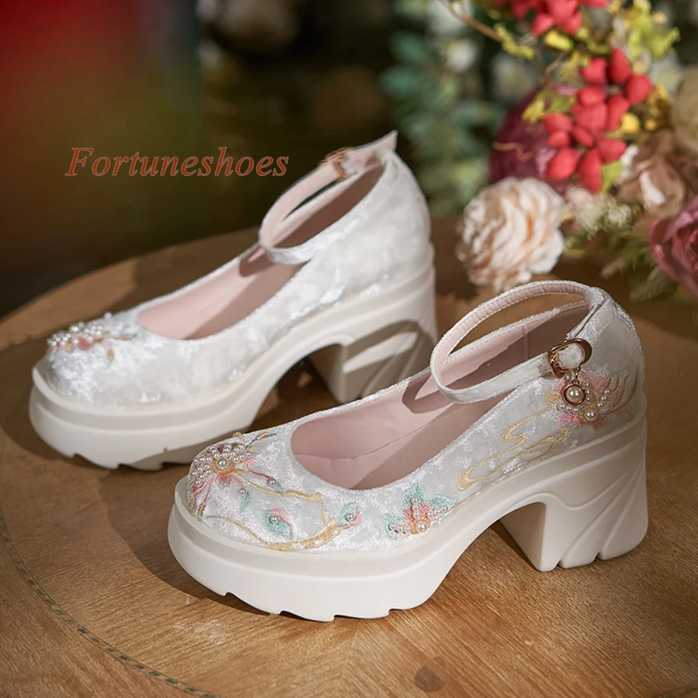 Shallow Solid Chinese Style Pumps One Belt Buckle Women Shoes Embroider Chunky Heel Round Toe Fashion Casual 2024 Newest Pumps