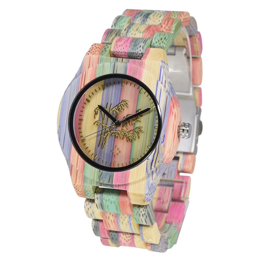 Carved Bamboo Quartz Watch for Women Delicate Artistic Pattern Sleek Round Dial Birthday Present Accessory