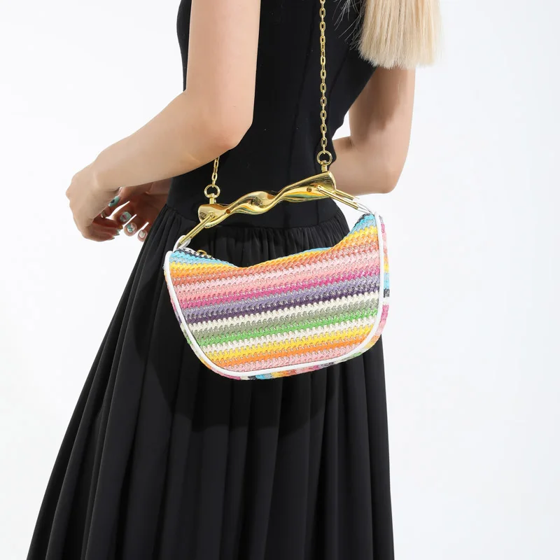 

Полосатая модная соломенная сумка на плечо с цветными блоками, металлический браслет на молнии, сумка с цепочками, горячая распродажа, сумки для женщин Bolsas femininas