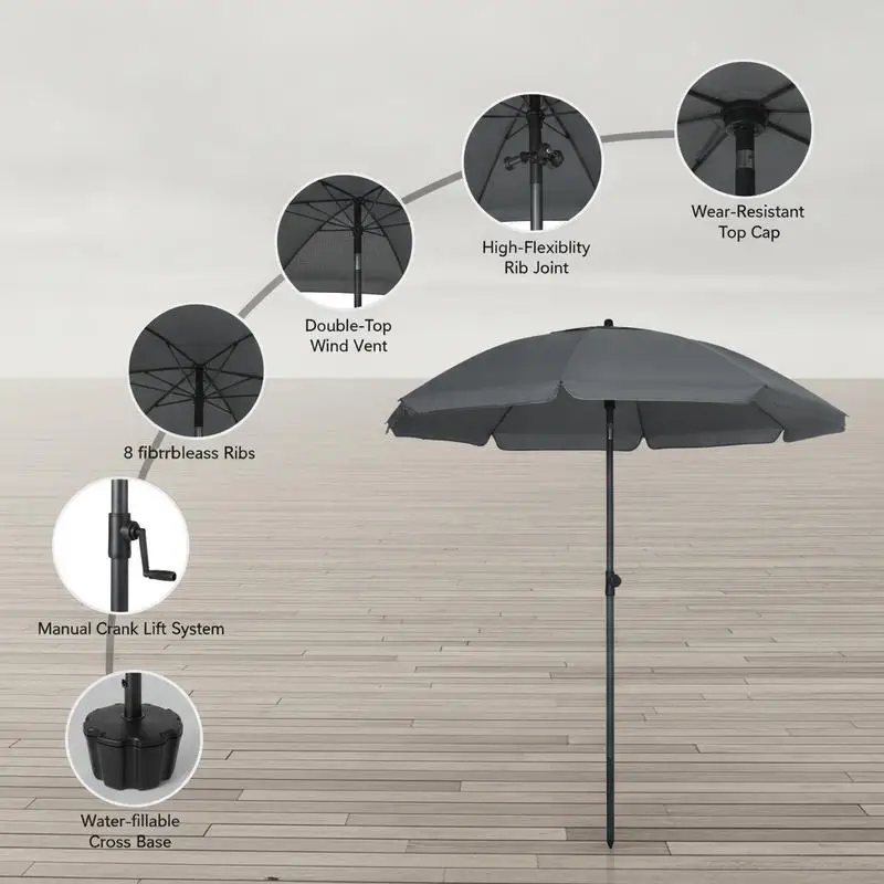 Parasol de plage inclinable protection UV 50 + avec 8 baleines et fibre de verre Ø 180 cm couleur gris