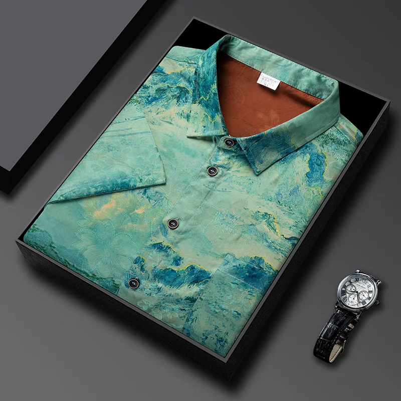 Men's mulberry silk short-sleeved shirt summer new business casual breathable jacquard non-iron trendy men's shirt