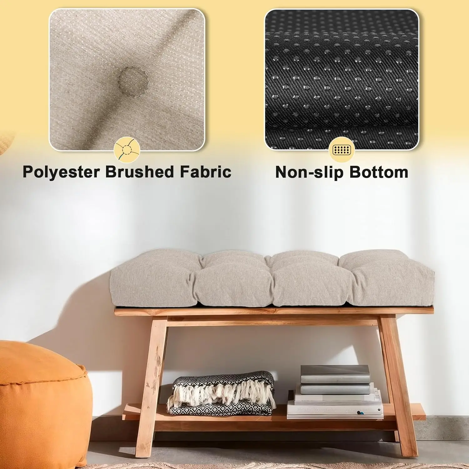 Bench Cushion with Non-Slip Bottom- High Density Foam Tufted Long Seat Pad for Indoor Window, Dining, Piano & Garden Furniture