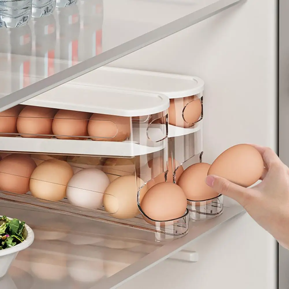 Stackable Fridge Organizer Double Layer Stackable Egg Storage Box with Lid for Refrigerator Capacity Auto-scrolling Egg for Eggs