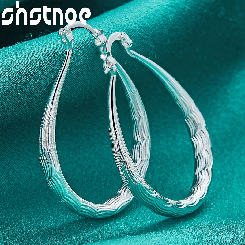 

SHSTONE 925 Sterling Silver Water Ripple Hoop Earrings For Women Party Engagement Wedding Fashion Charm Jewelry Valentines Gift