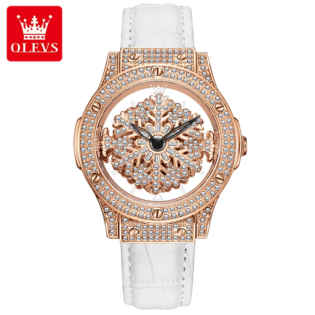 OLEVS Diamond Watch For Women Quartz Watch Wristwatch Dress Female Pentacle snowflake rotates the dial 360 degrees Clock Ladies