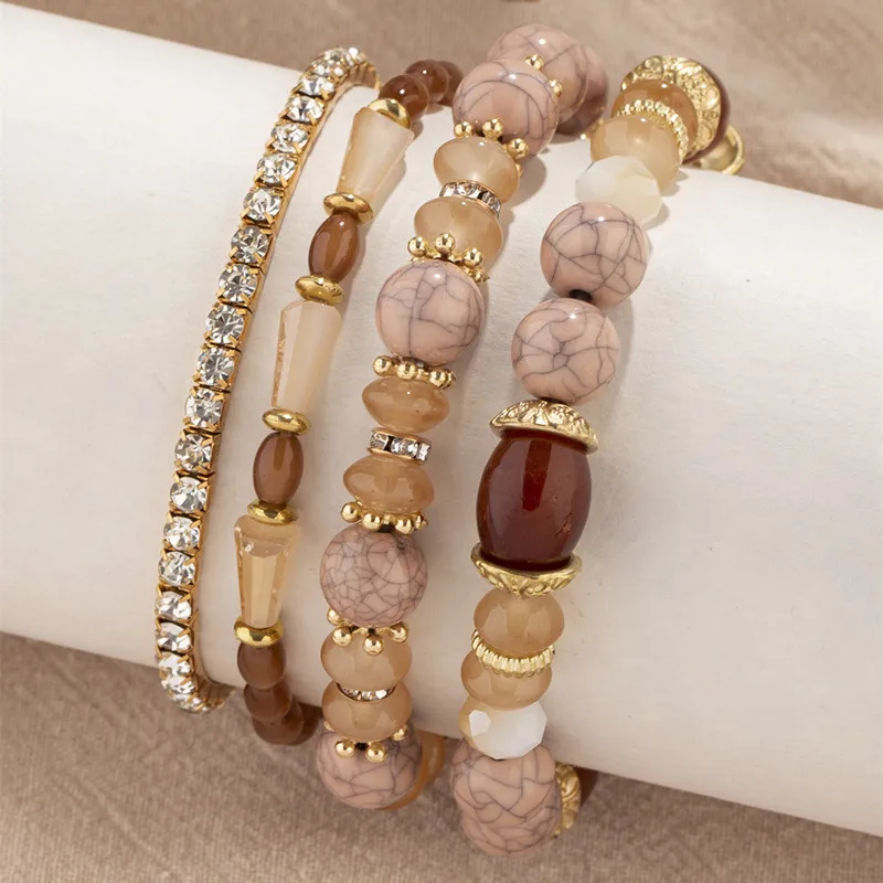 Kymyad Bohema Bracelet For Women Crystal Resin Stone Beads Mixed Multilayer Women's Hand Elastic Bracelets Set Jewelry