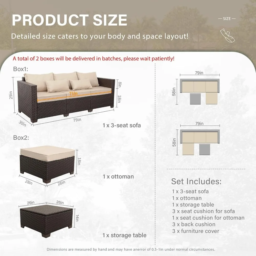 مجموعة أثاث الفناء مكونة من 3 قطع مجموعة أريكة مقطعية خارجية وأثاث فناء من الخوص وأريكة خارجية وطاولة قهوة عثمانية