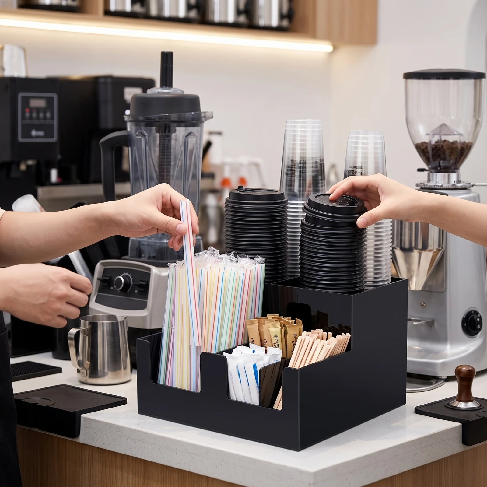 Cup Lid Holder with Compartments Compact 4-Compartment Cup Holder Countertop Organizer Easy to Clean Acrylic Storage Rack Clear