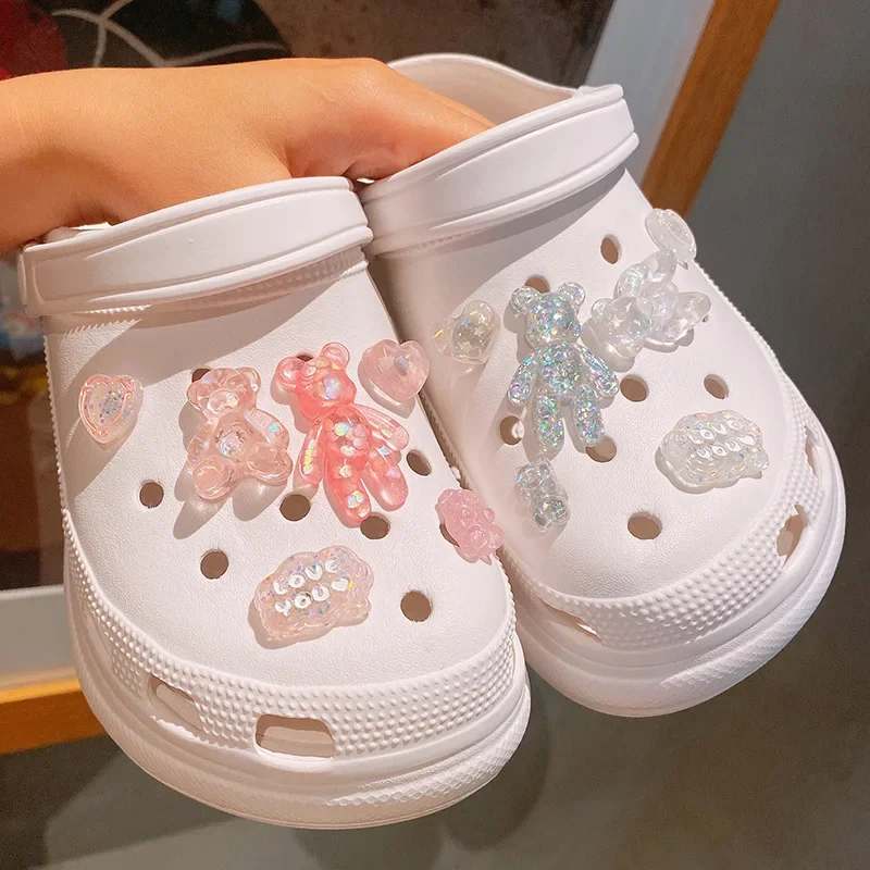 New 12pcs/set Glitter Love Bear Novelty Cute Hole Shoes Charms PVC Shoe Decorations Sneakers Slippers Accessories Kid Girl Gift