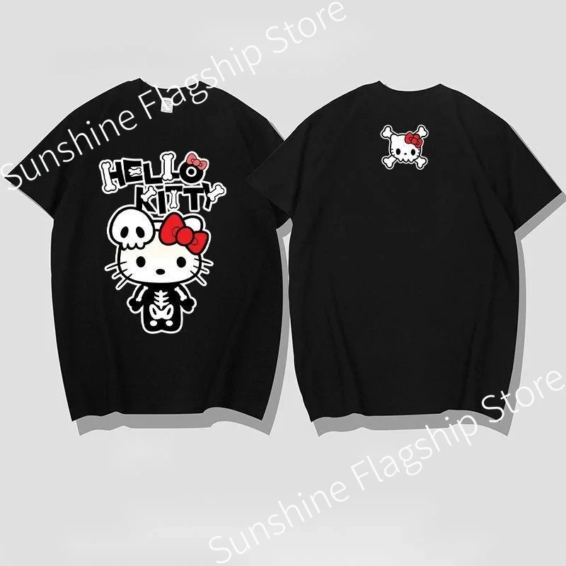 Sanrio Gothic Hello Kitty Halloween Clothes Women\'s Skeleton Black Tops Bone Printed Short Sleeve Y2k Streetwear Couples T-shirt