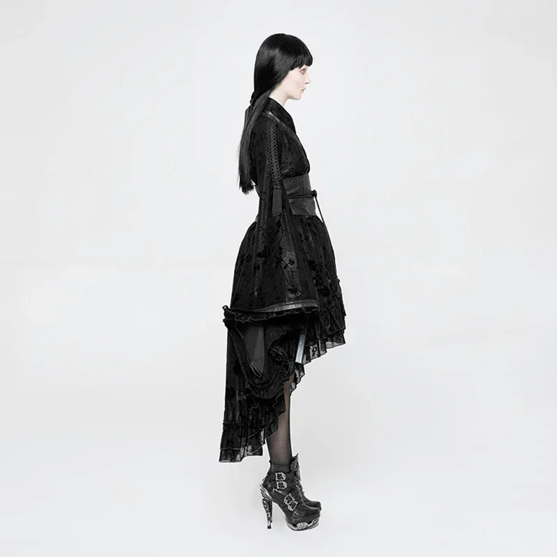 PUNK RAVE Lolita Women Loose Profile Lace Dresses Soft Satin Fabric Independent Waist Seal Flocking Printing Modern Kimono