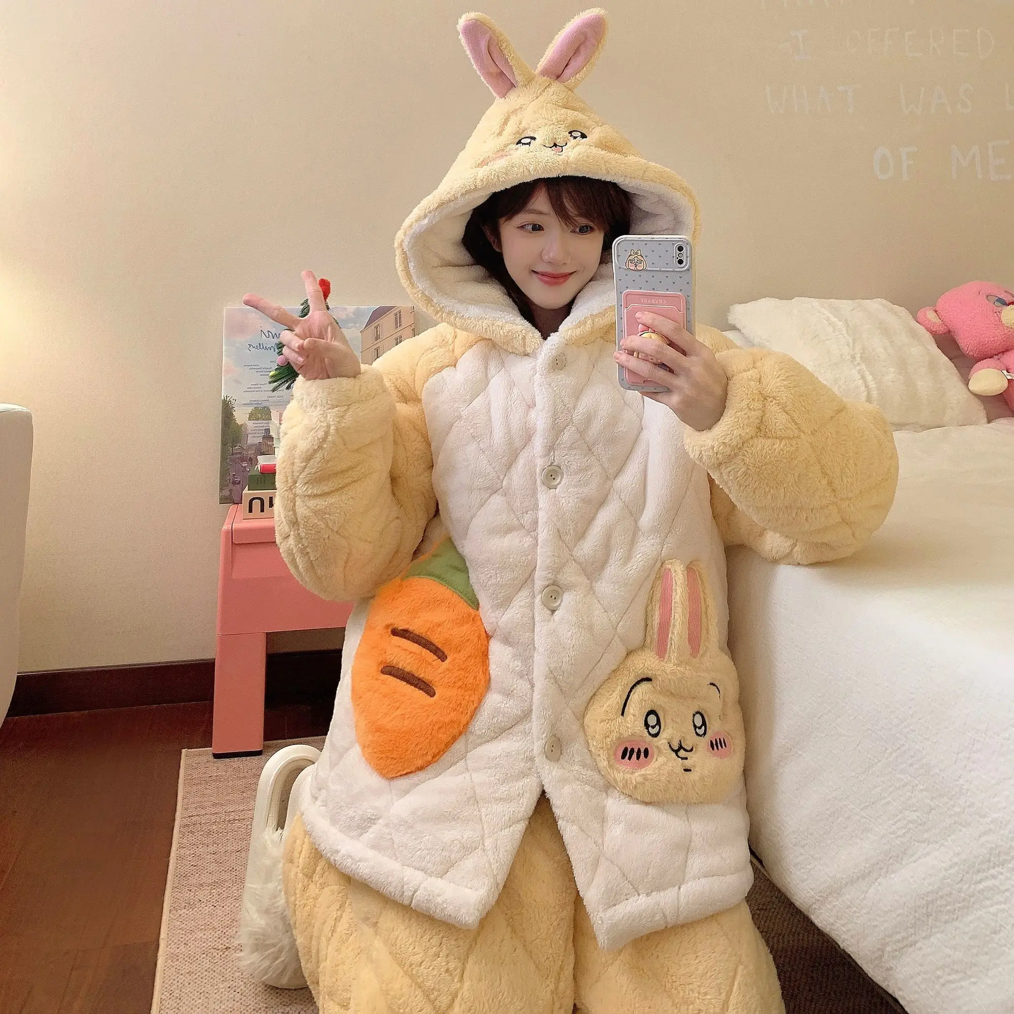 Chiikawa Usagi Hachiware Women Pajamas Set Winter Extra Thick 3-Layer Quilted Couple Homewear Warm Loose Loungewear Sleepwear