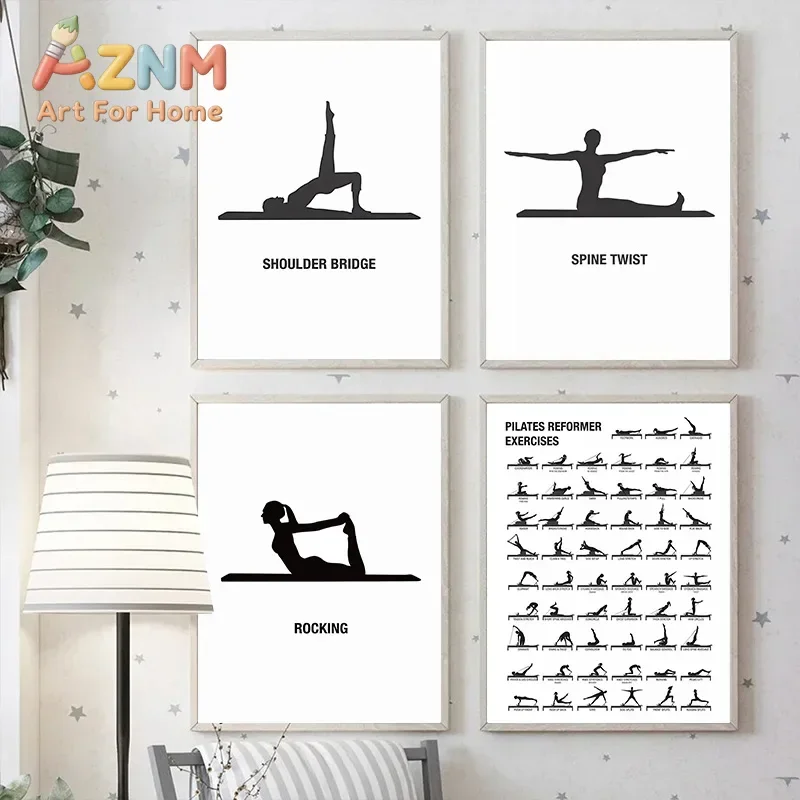Pilates Workout Reference Poster Mat Reformer Exercise Wall Print Fitness Guide Art for Gym Studio Home Wall Decoration