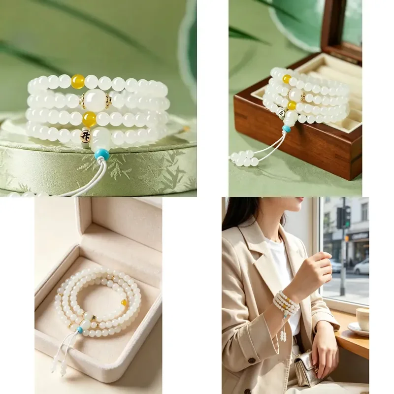 High Quality Natural White Jade 108 Bead Mala Necklace Handmade Buddhist Prayer Meditation Bracelet