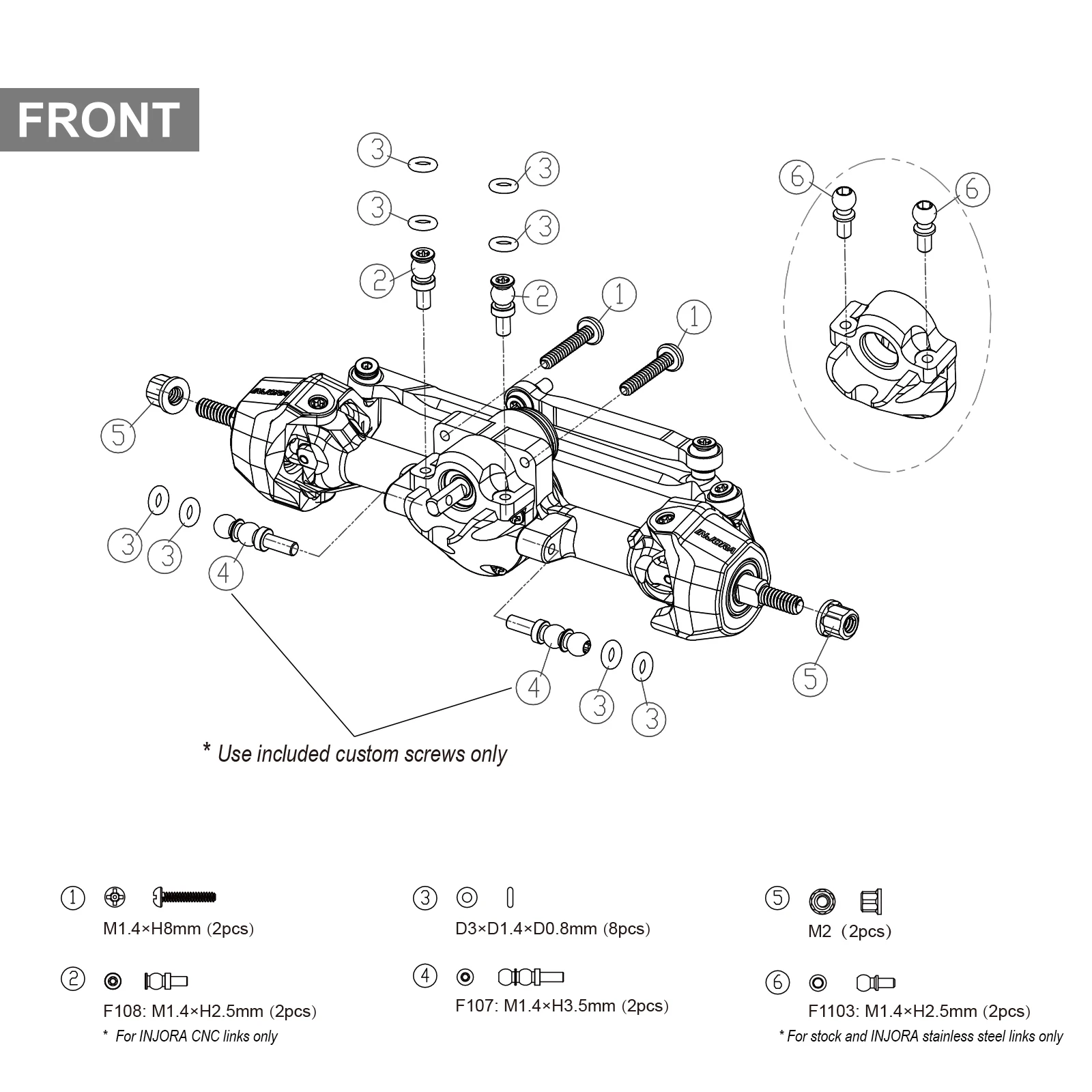 INJORA +3mm Planet Axles with Brass Steering Knuckles for 1/30 Axial SCX30