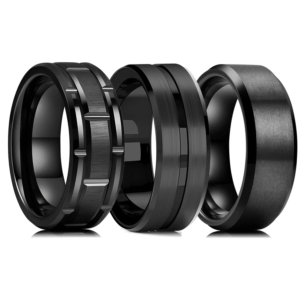 

2023 Trendy Men's Black Stainless Steel Ring Blue Groove Beveled Edge Wedding Engagement Anniversary Couple Ring Jewelry For Men