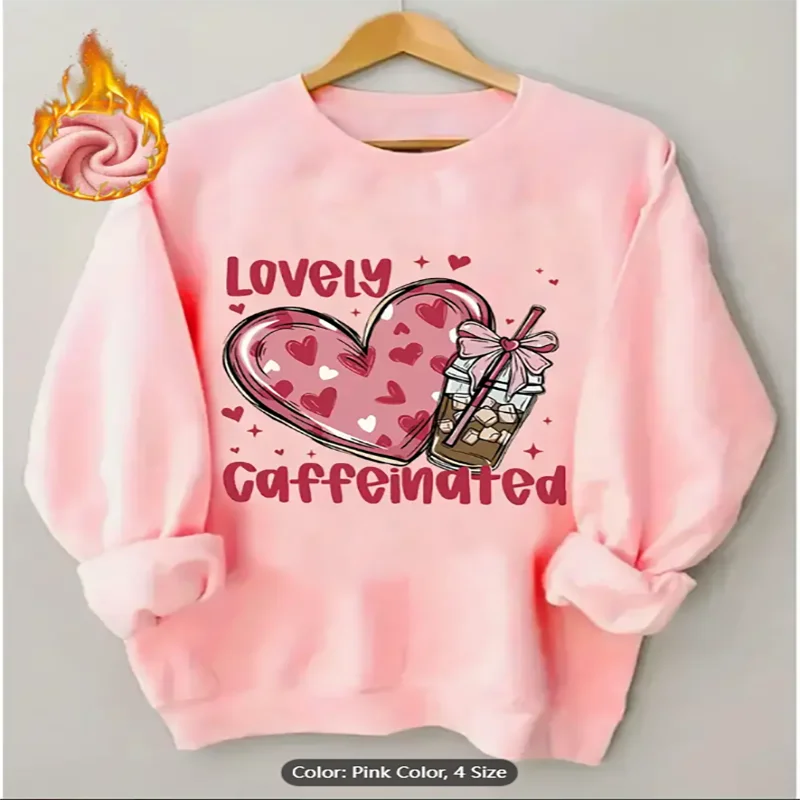 

Womens Thick Pullover Sweater Coffee Lover Graphic Hearts Red Crewneck Sweatshirt Cozy Casual Everyday Sweater Plush Fabric