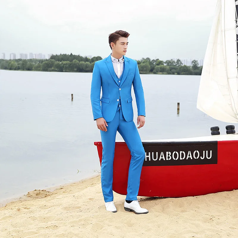 Hot-selling Studio Three-piece Fashion Solid Color Men's Suit Suit Korean Slim Version of The Stage Host Photo Men's Dress.