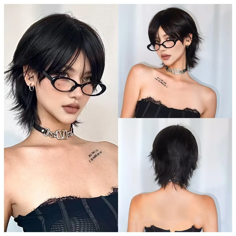 12 inch short salmon head wig with bangs, women's short straight black synthetic wig, party daily use elf cut short wig