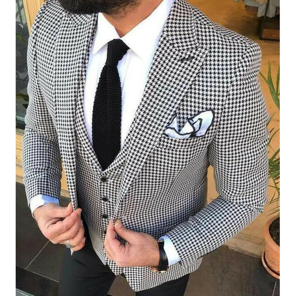 

New Arrival Houndstooth Suits for Men 3 Piece Chic Peak Lapel Single Breasted Formal Business Prom Wedding Tuxedo Male Suit 2023