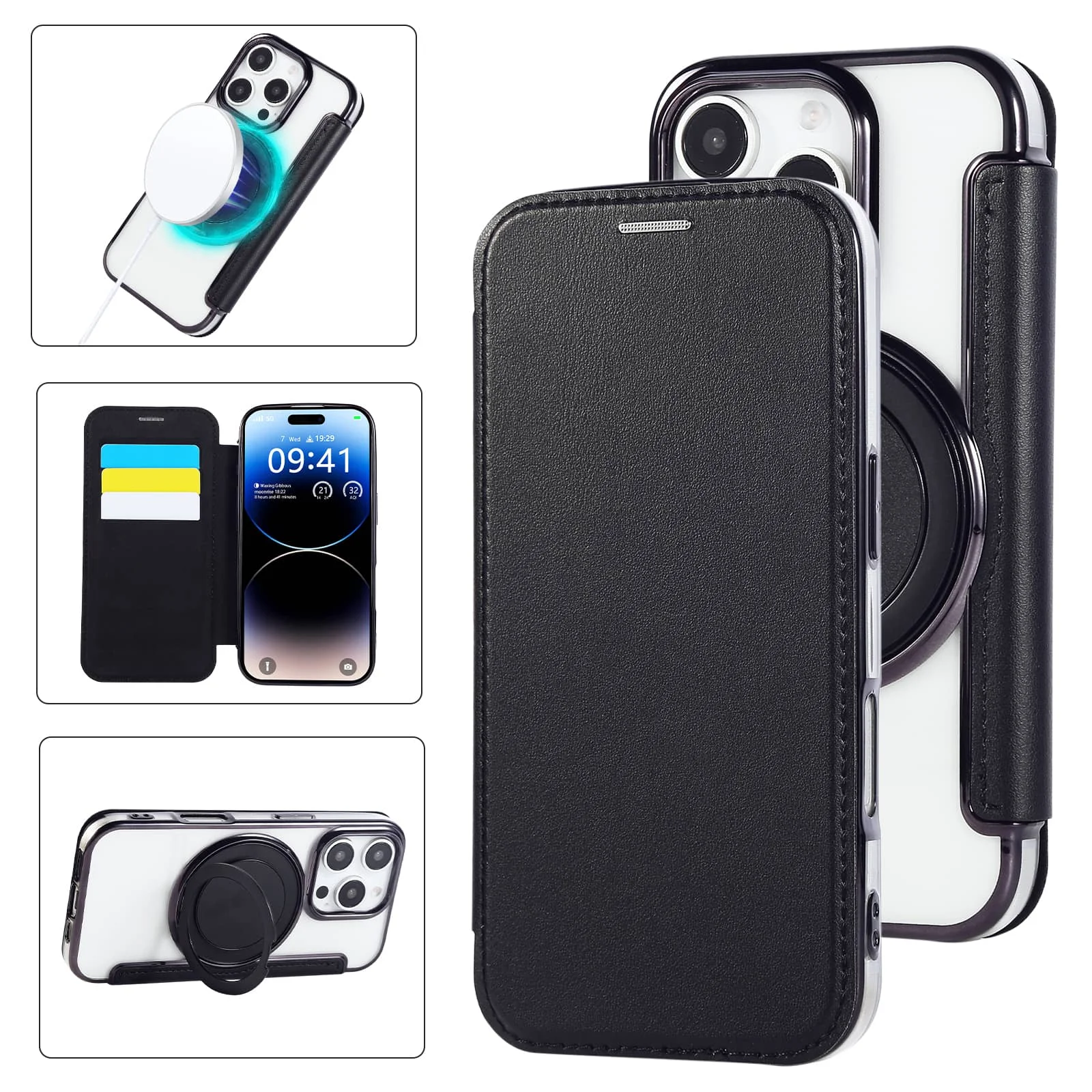

For iPhone 16e 16 15 14 13 12 Pro Max 16 Plus Ring Stand Case Compatible with Magnetic Slim Fit Flip Wallet Case with Card Slot