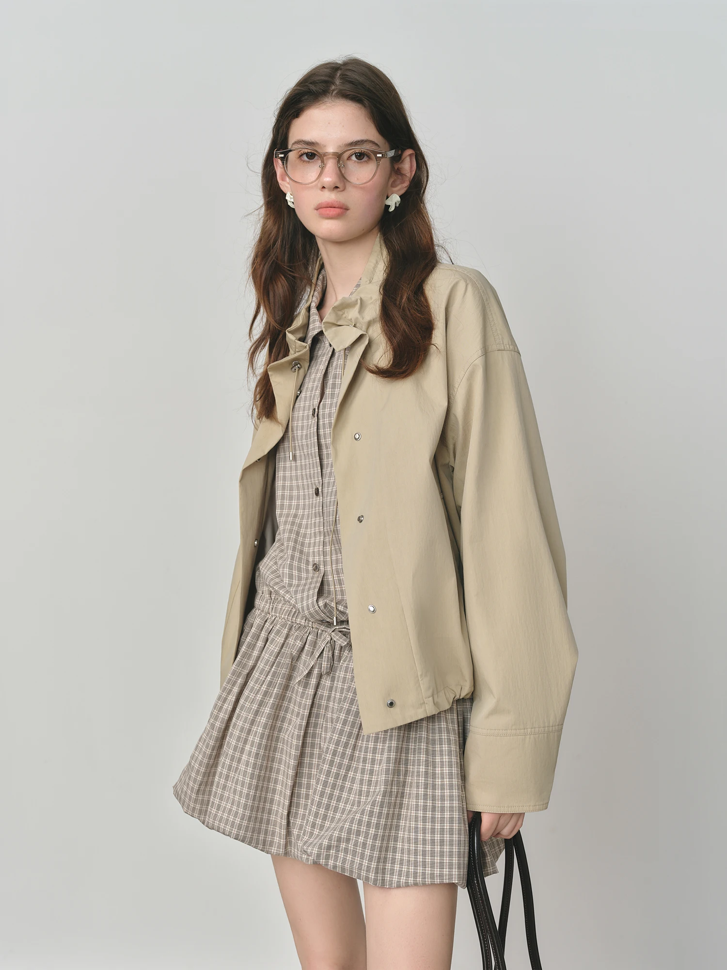 FSLE 2025 Veste utilitaire vintage pour femme - Manteau court d'automne décontracté à manches bouffantes avec cordon de serrage et style grange