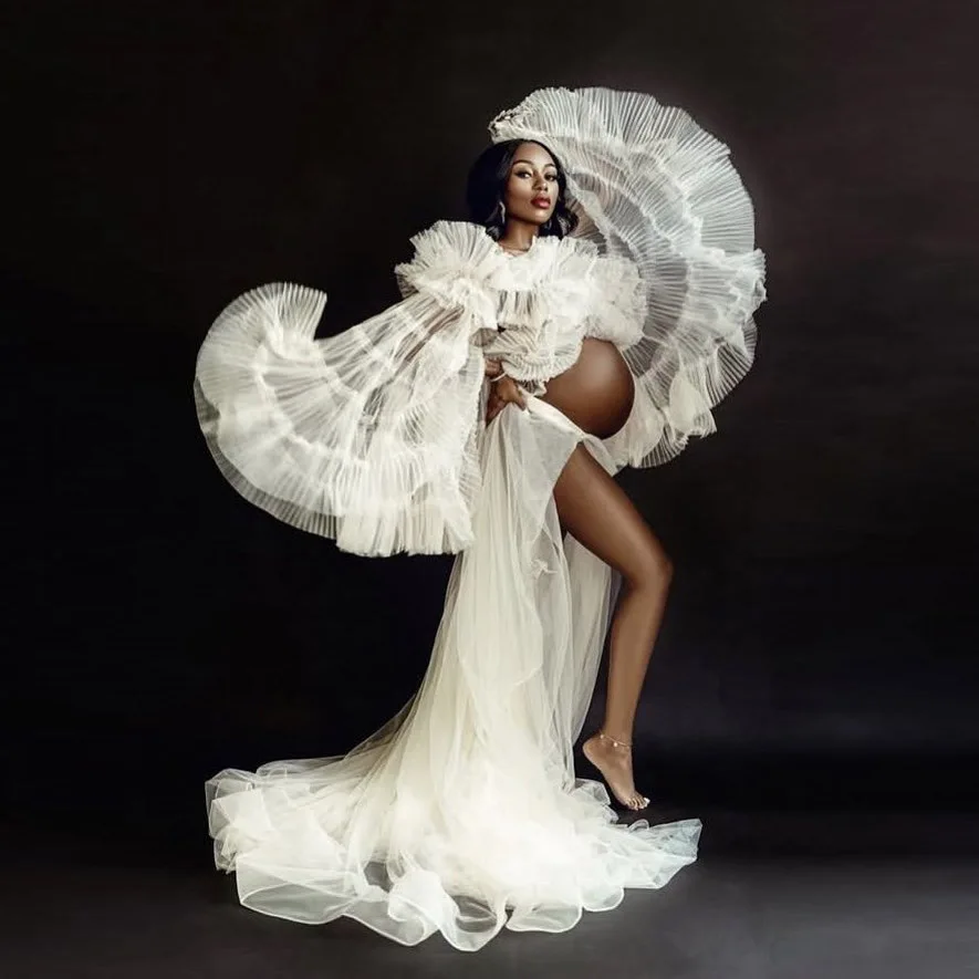 

Photography 2 Pieces Maternity Dress Organza Pleated Layered Sexy Sheer See Thru Full Sleeves Ruffle Prengnant Gowns Ivory