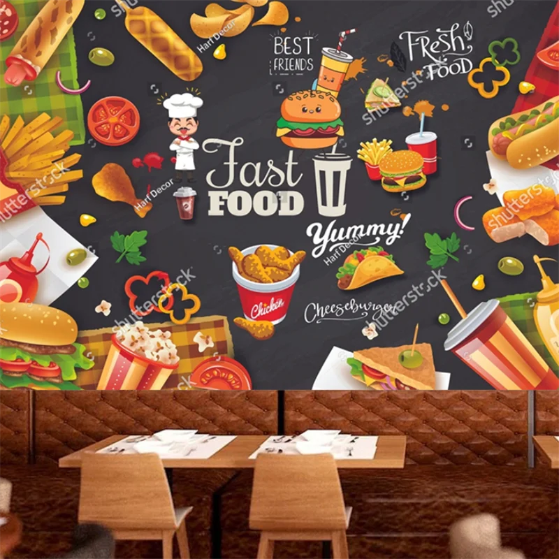 

Hand Drawn Cartoon Fast Food Hamburger Mural Industrial Decor Wallpaper Snack Bar Restaurant Background Wall Paper Papel Tapiz