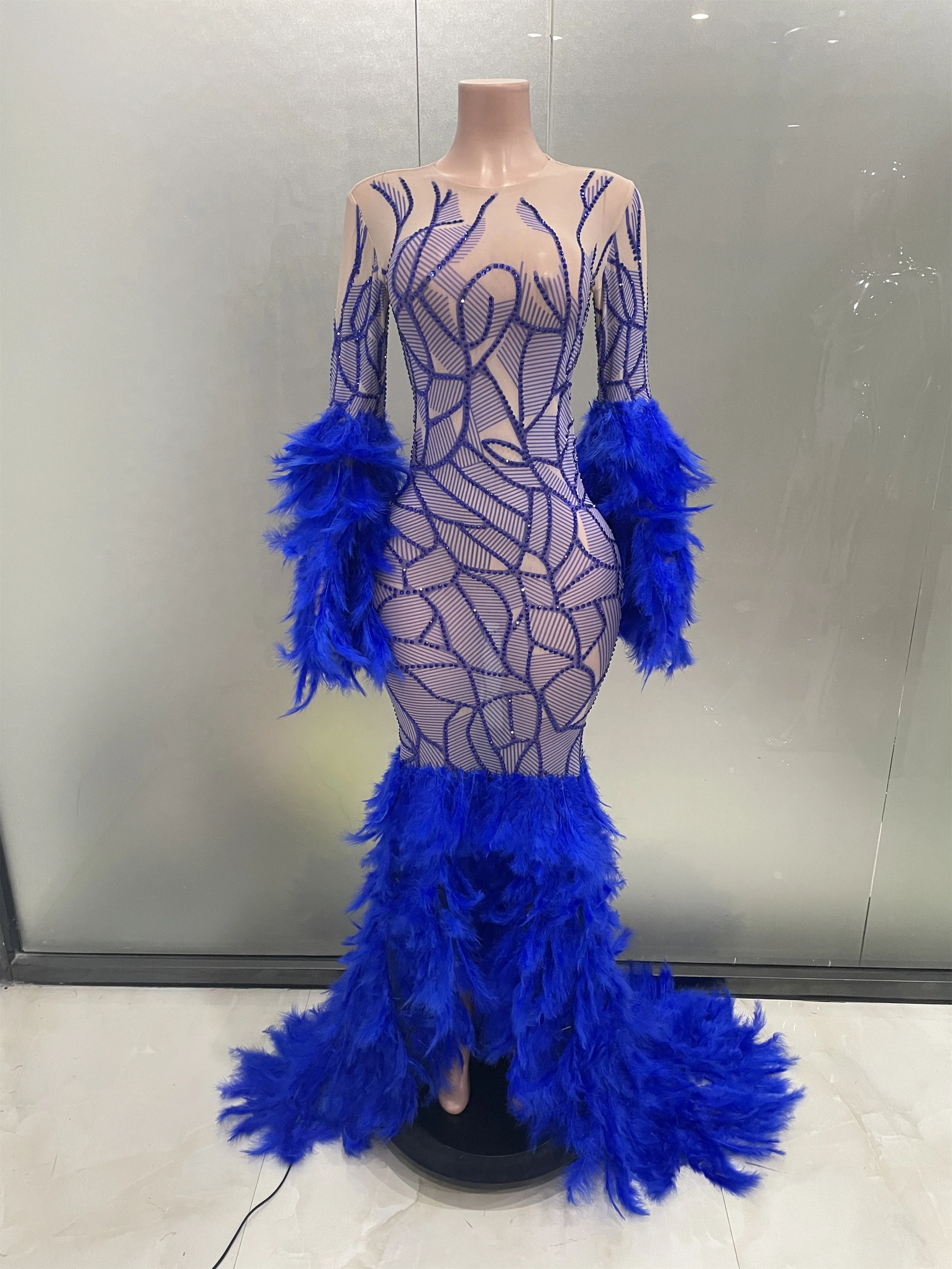 

STOCK Sexy Sparkly Rhinestones Mesh Transparent Feather Long Tail Dress Women Elegant Wedding Birthday Party Club Prom Costume