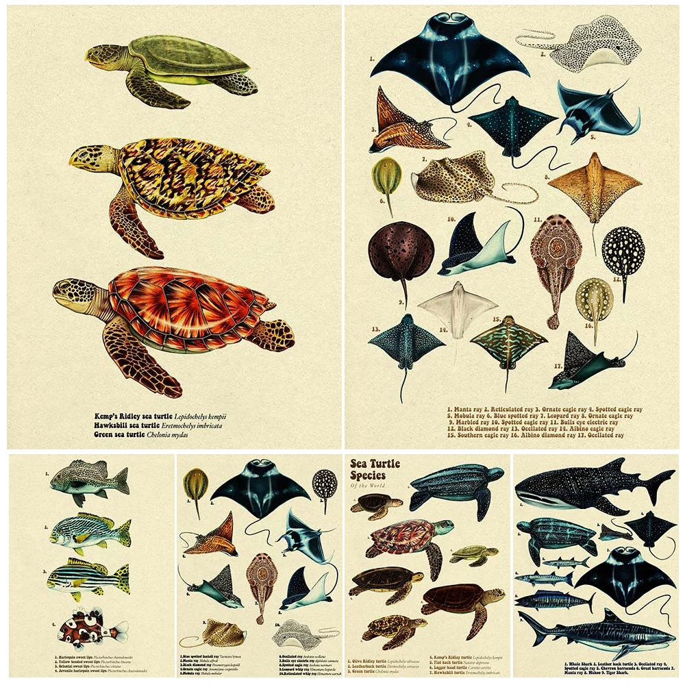 

Vintage Sea Fish Tortoise Shark Posters Aquarium Wall Pictures For Living Room Nordic Poster Wall Art Canvas Painting Unframed