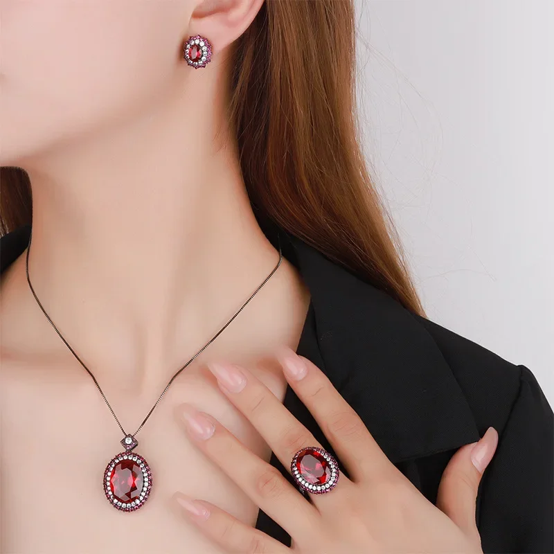 S925 silver-plated 18K gold-plated PT950 platinum red corundum black gold set women's 15 * 20-13 * 18 jewelry