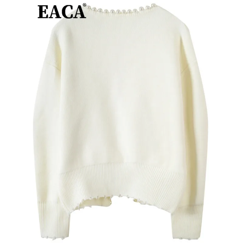 

EACA 2025 Korean Version Of Spring Autumn New Elegant Loose Pearl Decoration Knitted Cardigan Casual Temperament Thin Sweater