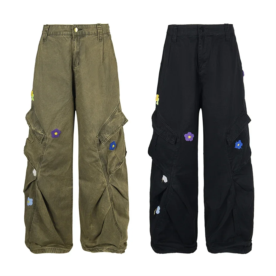 

Vintage Cotton Casual Jeans Men Streetwear Hip Hop 3D Floral Embroidery Denim Trousers Harajuku Baggy Straight Wide-leg Pants