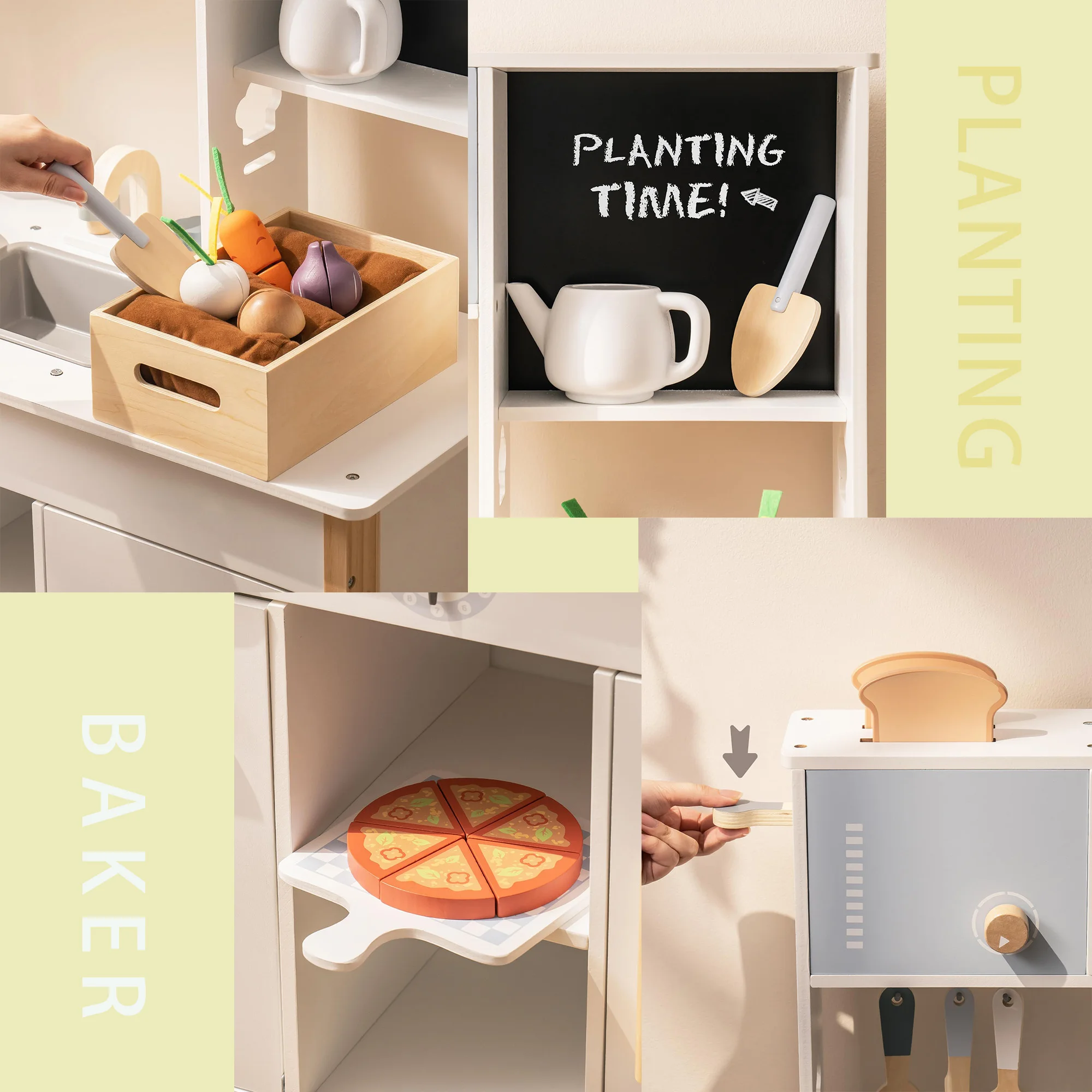 ROBOTIME ครัวไม้สำหรับเด็กเพลย์เซ็ตพร้อมของเล่นตัดเครื่องปิ้งขนมปังอาหารและชุดทำสวนเด็กวัยหัดเดินของขวัญสำหรับเด็กอายุ 3 ปีขึ้นไป