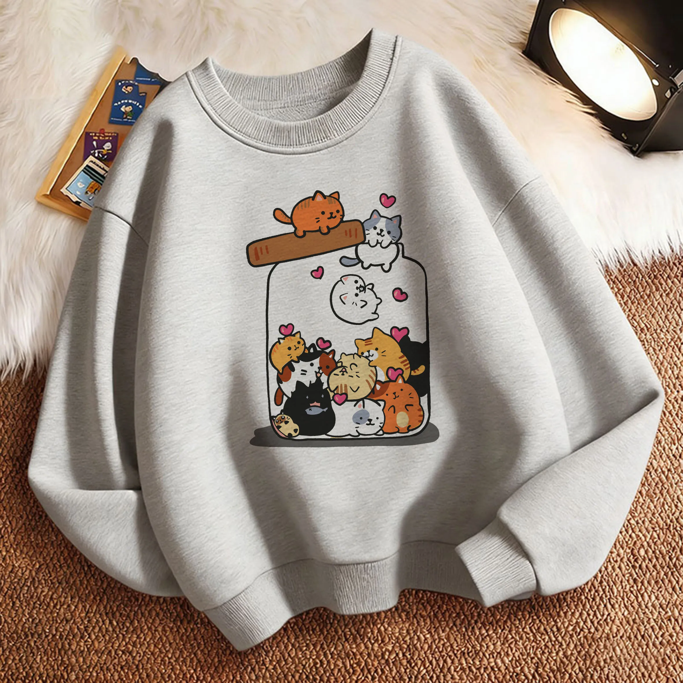 Kawaii Cat Lover Design Children's Sweatshirt Pullover Spring  Autumn Crew Neck Graphic Print Hoodie Boy Girl Kids Hoody