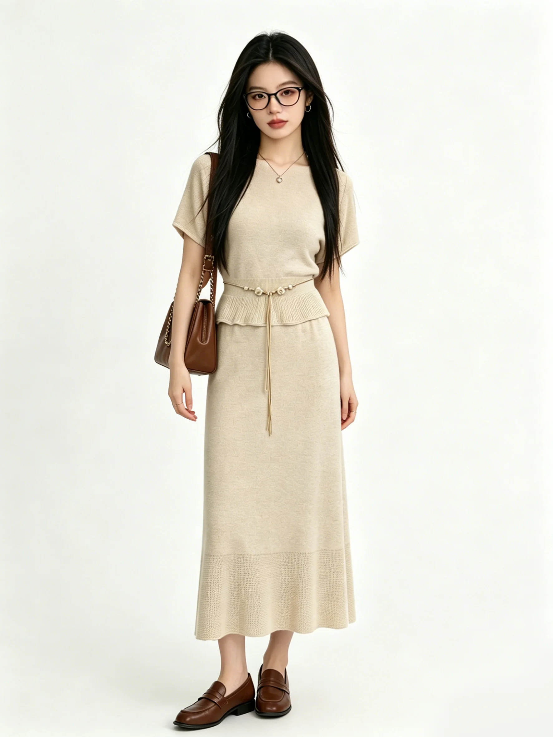 

Skin-friendly Pure Color Batwing Sleeve Knitted Set Casual Breathable High-waisted Skirt Autumn Spring Summer Fashion Set